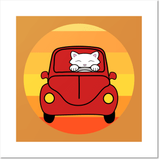 Cat driving a car Posters and Art